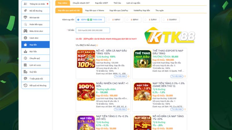 Giao diện nạp tiền TK88